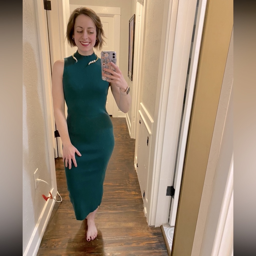 Express, Pine Green, Ribbed Sheath, Midi Dress!